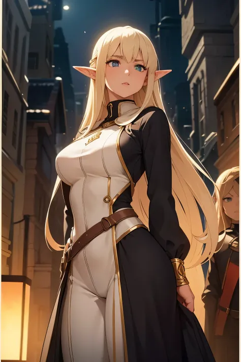 A young, light-skinned female elf, likely in her late teens or early twenties, is depicted.  She has long, blonde hair and large breasts.  She is wearing a form-fitting, off-white, or light cream-colored,  jumpsuit or bodysuit.  Her expression is neutral o...