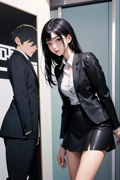 Japanese new graduate girl wearing a black tight miniskirt business suit, black leather pumps, Skyscraper district