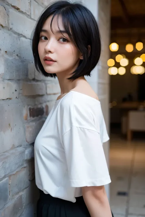  slender, 24 year old female, black hair,Over-the-shoulder Bob , white shirt, image above shoulder ,The background is a mortar wall