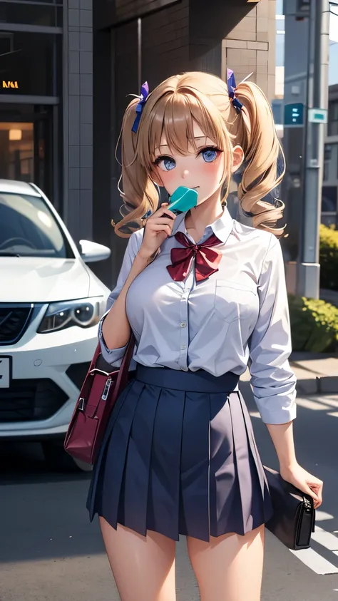  1 girl,  standing with different breasts , deadline_hideadlinex style, Home,  school uniform,  school bag that can be held in ones mouth,  Twin Tails , car, carrying bag