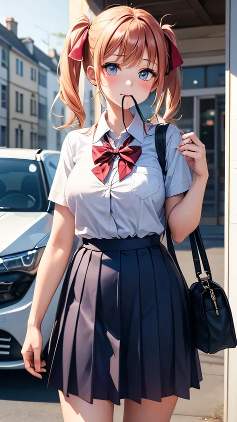  1 girl,  standing with different breasts , deadline_hideadlinex style, Home,  school uniform,  school bag that can be held in ones mouth,  Twin Tails , car, carrying bag