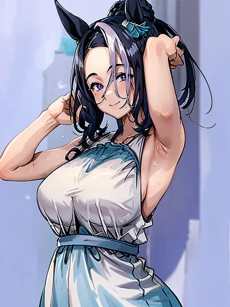  sleeveless, show me her armpits, wet skin,mejiro ramonu,  1 girl, Alone,  viewers of the pin, smile, ,  Big Breasts,  black hair,  animal ears , purple eyes,Gray Hair, Hair Bun, mole,  striped hair, mole under eye, Horse&#39;s ears,   Horse Girl , seducti...