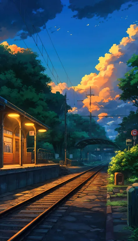 a painting of a train station with a train on the tracks, anime scenery, beautiful anime scene, beautiful anime scenery, anime background art, train station background, anime background, anime countryside landscape, anime landscape, anime vibes, train stat...