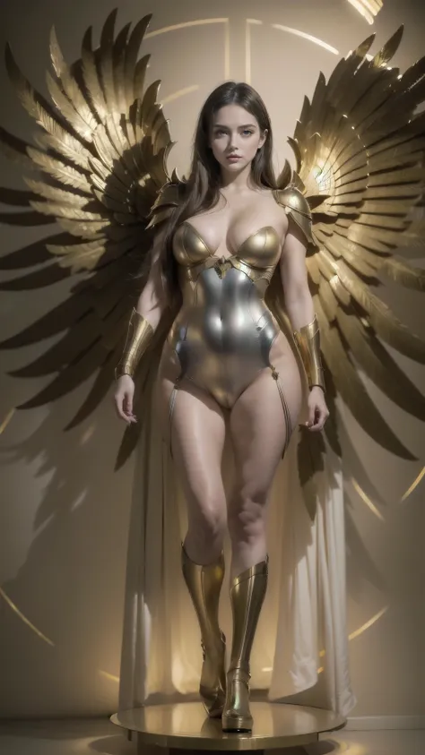 mechanical style,golden theme,( a female mechanical angel, Anatomically correct , full body, ,golden asas,standing, With a circular base  ),black and white background, ( 3D Rendering, best quality ,  detailed details ,  masterpiece , official art,  light e...