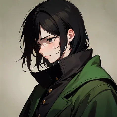 Severus Rogue, a man at the age of 15-Years-old, black hair, black eyes, black hair, slytherin uniform, black clothes, profile, sad, crying, high quality, high detail