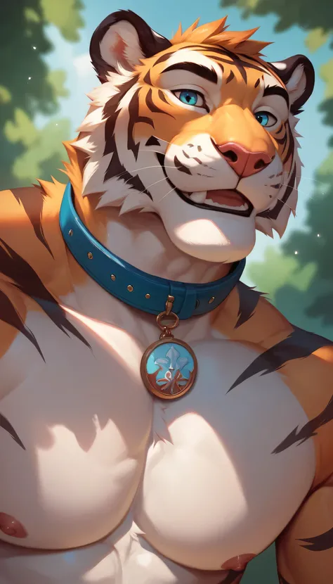 Tiger, solo
anthro, male, collar only, smiling
bust portrait, Forest background, low-angle view
detailed realistic photorealism