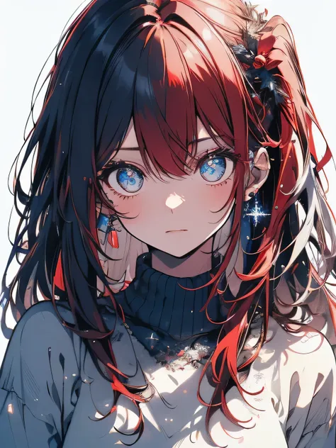  draw a black and white world、 long hair on background， high ponytail， let the rest of your hair hang down，light blue gradation hair、 1 girl，Plain white background，Sparkling blue eyes，Red glowing eyes，Purple glowing eyes， red eyeshadow、 very detailed with ...