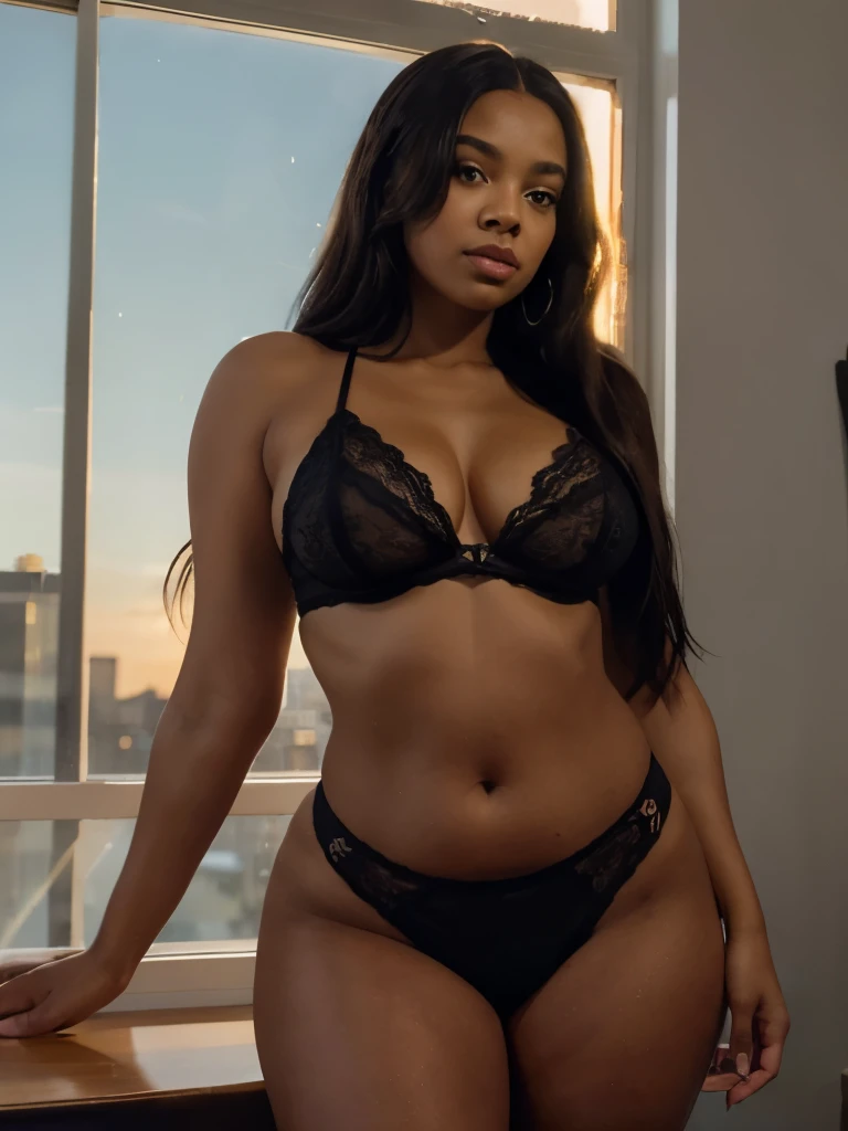 
One Mixed black ethnicity, curvy girl , long  straight hair, wide hips, curvy body,wearing    
sheer lace bralette paired with a high-waisted satin mini skirt. The bralette subtly reveals her skin, while the skirt is cut just above the knee, showcasing he...