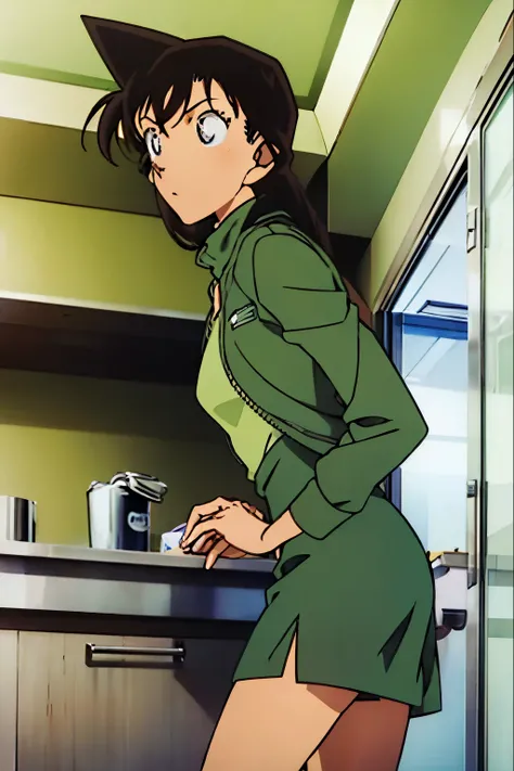 {{{mouri ran}}},{{{Detective Conan}}},{{{long hair}}},{{{official style}}},{{{adult}}},green dress,one-piece dress,turtleneck,green miniskirt, {light green cropped mini jacket},{light green cropped mini jacket},green socks,,sink,laundry,kitchen,bringing up...