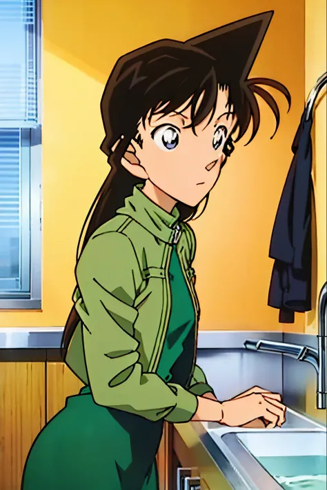 {{{mouri ran}}},{{{Detective Conan}}},{{{long hair}}},{{{official style}}},{{{adult}}},green dress,one-piece dress,turtleneck,green miniskirt, {light green cropped mini jacket},{light green cropped mini jacket},green socks,,sink,laundry,kitchen,bringing up...