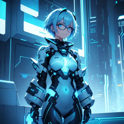 An innovative girl with short light blue hair, wearing futuristic attire in shades of light blue, holding a glowing water vessel, standing against the backdrop of a futuristic cityscape at night, holographic elements around her, thoughtful expression, high...