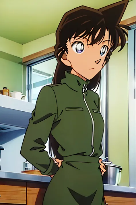 {{{mouri ran}}},{{{Detective Conan}}},{{{long hair}}},{{{official style}}},{{{adult}}},green dress,one-piece dress,turtleneck,green miniskirt, {light green cropped mini jacket},{light green cropped mini jacket},green socks,,sink,laundry,kitchen,bringing up...