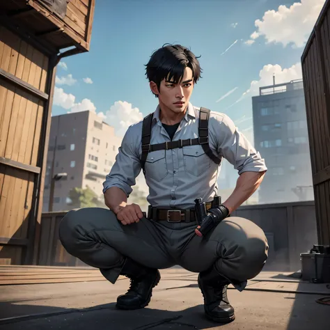  handsome 30-year-old man 　Light gray full body workwear 、Shocker Belt、 black work boots 、 Gunfight、 sniper from the warehouse roof 、point a gun at the enemy below 、 open your legs wide、 squat、 staring at the camera while preparing to launch、logic , black ...