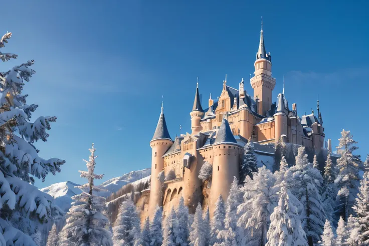  a European-style castle wrapped in a winter snowy landscape、Majestic Mountain々Surrounded by a forest of coniferous trees 、 expresses how it shines beautifully under the blue sky 、 with realistic and high-definition image quality 。 castle has spires and mu...