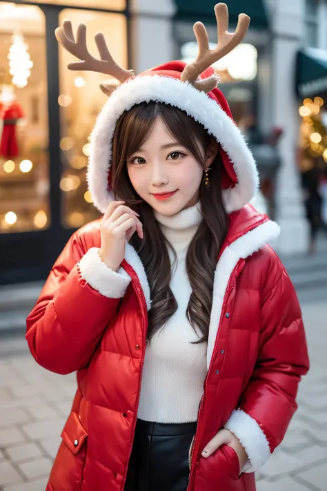   Girl in a warm jacket and pants wearing heart-shaped  ,   reindeer Christmas tree   , new year&#39;Sugarland  ,    very beautiful girls twins 。 huddling cheeks 。 hat and bonbon  、  initial s. warm fur gloves in an enlarged view of a glass sphere ,    car...