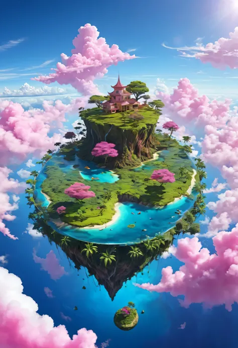  Create an image of a floating island  ,  the island has non-terrestrial inhabitants , is it a parallel world  , A fantasy world , full of colors , pink clouds, árboles que no existen en la tierra , animales nunca antes vistos , full of colors , strong col...