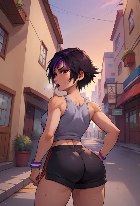 score_9, score_8_up, score_7_up, BREAK,gogotomago, 1girl, solo, short hair, black hair, jewelry, lo purple hair, bracelet, makeup, casual, cowboy shot, brown eyes, looking at the ground, large breasts,outdoors,city, hands on hips, grey tanktop, sweaty, bla...