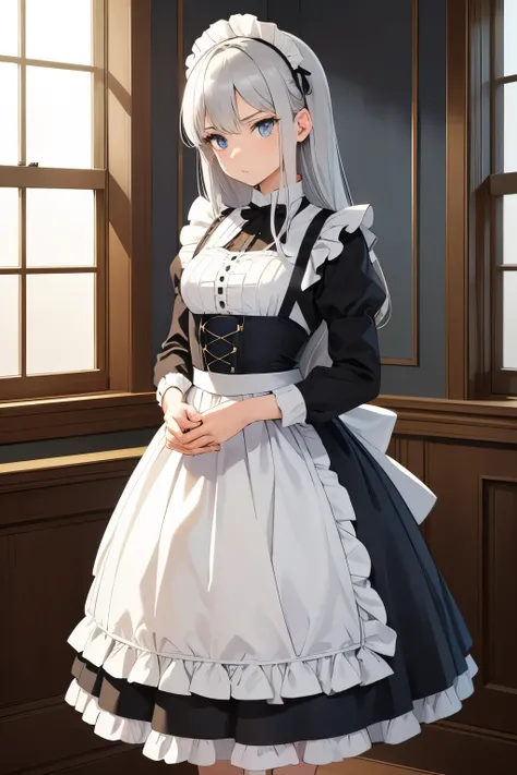 A young woman, likely in her late teens or early twenties, is depicted in an anime style.  She is of light skin tone and has long, silver-gray hair.  Her eyes are a striking light blue, and her expression is neutral/slightly serious.  She is wearing a clas...