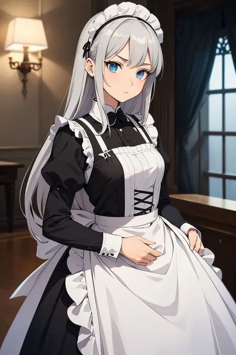 A young woman, likely in her late teens or early twenties, is depicted in an anime style.  She is of light skin tone and has long, silver-gray hair.  Her eyes are a striking light blue, and her expression is neutral/slightly serious.  She is wearing a clas...