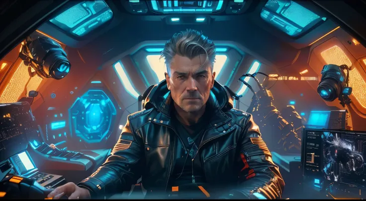 a man in a leather jacket sitting in front of a computer screen, from a 2 0 1 9 sci fi 8 k movie, in a scifi movie, depicted as a scifi scene, sitting sad in spaceship, sci-fi cinematic movie still, in a spaceship cockpit, movie still 8 k, epic scifi movie...