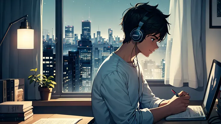 Stylish room at night in a big city, young man happily studying with headset and notebook, angle showing the whole room.