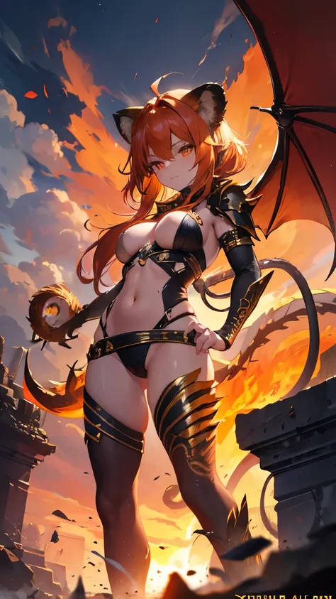 8k, best quality, (lifelike:1.4), original photo, 1 girl, Chimera hair, serpent tail, lions claws, dragon wings, posture: prowling ancient ruins with feral grace, fiery orange eyes burning with primal fury