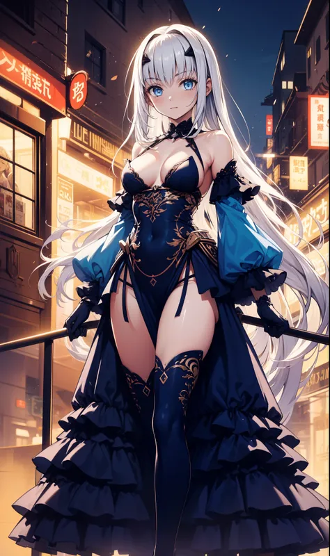 (    are of the best quality,4K,8K,    high res , masterpiece :1.2),       super detailed     ,  girl ，Holy，(    silver white hair    )，    blue eyes    ，obsessed，  Standing elegantly，玩得   happy   ，in love，  Lovely cloth    ， Exquisite clothes，classic wome...