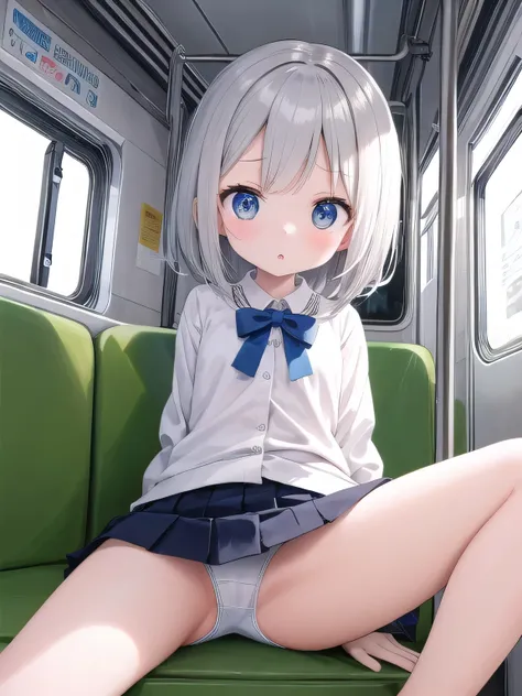 cute cheeky elementary school girl with silver hair in uniform、Looking away、Half an eye、　Panties secretly photographed from up the skirt on the train　 low angle　 focus on panties sitting on the train and spread your legs to the side :1. 3 angle looking up ...