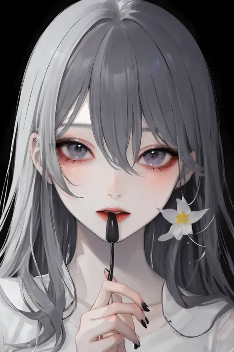1 Girl, unique ,flower, long hair, watching the audience ,Black nails, black background ,Hold hair, split lips ,Hold, bangs,white flower, upper body,Nail polish,shirt, Gray Hair ,white shirt, hair between eyes , Simple background , grey nails , gray eyes ,...