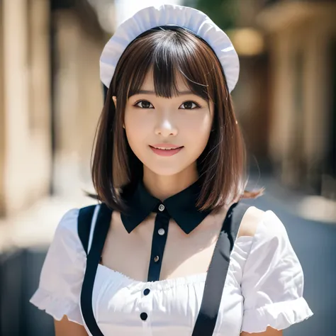 1 female ( here is Maid Cafe :1.3) (Shot from the chest:1.1) ((Shes in a cute pose:1.3)) ((woman in a black white  dress a hat, Maid outfit, Maid  dress,  Catboy Cosplay!  dress,  Anime Girl in a Maid Costume , Maid costume,  Anime Cat Girl in a Maid Costu...