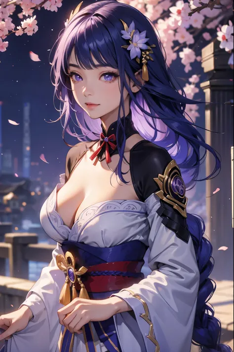 Japanese Shrines, (Highest quality，Realistic,masterpiece:1.2，8k wallpaper:1.2)，((Pale skin))，One Girl，women only，((Genshin Impact_Impact，General Raiden))，Lightning Particles，Purple Lightning，Light background，cherry blossoms，Purple Theme，Delicate facial fea...