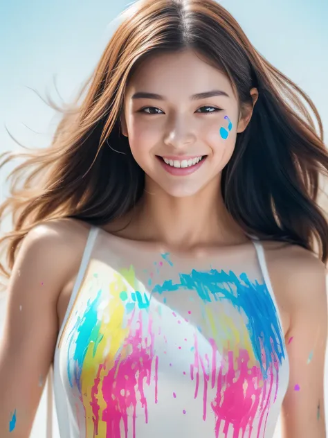 (8k, RAW photos , 最 High Quality , masterpiece: 1), 最 High Quality , High Quality , film grain ,
( One beautiful girl ), ( cowboy shot ), (Play with paint ), (( lots of colorful paint from face to bottom: 1.5)), (( paint flows down the body : 1.8) ), ((...