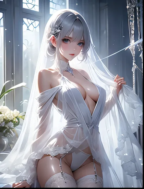 （（（ＳＦＷ、Precision、Highest quality、A first-class masterpiece、Normal body、8k、  Detailed Face 、Ultra-precision、 Normal hand、５refer to、Highest）））、Kind, neat and pretty beautiful silver-haired girl、Beautiful blue eyes、 slender 、Long, slender legs、open sheer shee...