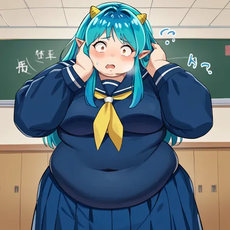 score_9, score_8_up, score_7_up, source_anime,
uruseiyatsuralum, lum, long hair, bangs, blue hair, orange eyes, horns, pointy ears, aqua hair, oni horns, eyeshadow,
shirt, long sleeves, school uniform, serafuku, sailor collar, neckerchief, yellow neckerchi...