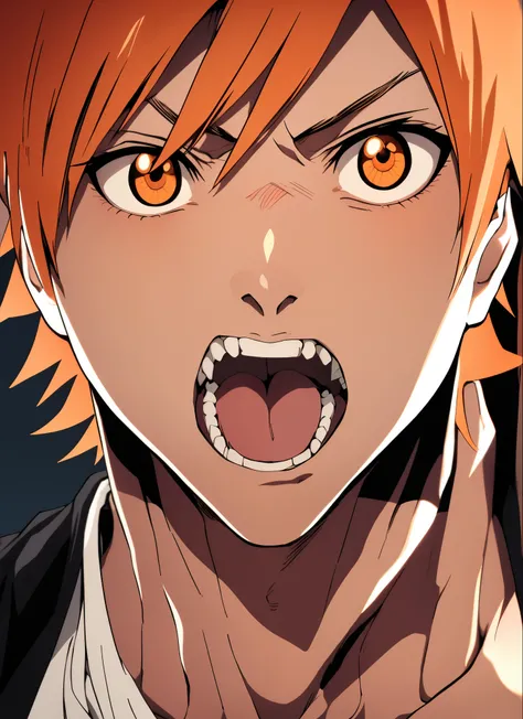 Bleach Style,  Ichigo Kurosaki,  1 boy, clavicle, looking at viewer,  male focus ,,  open mouth,  ORANGE EYE ,  orange hair, Alone, Spiky Hair,  spot color , teeth,  upper body, upper teeth only, ((masterpiece))  