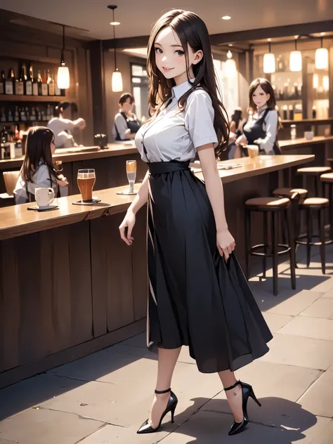 (masterpiece:1.3),(best quality, highest quality),((Including face)),5girls,Standing position,4K,((Focus on the face)),((Symmetrical facial features)),Beautiful woman, slender, Beautiful feet, ((High heels)), Detailed depiction of the face,(cafe staff unif...