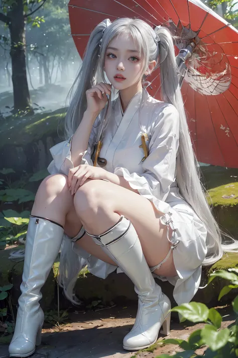 (Absurdly, High Quality  ,  very detailed with crimson hair,32K、 high image quality、Ultra HD、 golden ratio face 、 realistic 、 complicated、 high detail、 Ultra High Resolution)、(((Silver Hair、 Twin Tails )))、(((  with a huge red Japanese umbrella、 short)))、(...