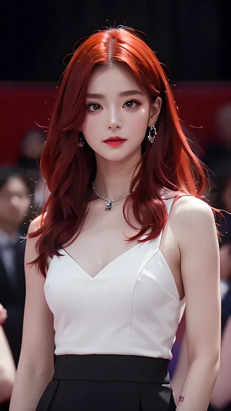 4K, 8K, masterpiece, , Upper body, 1 Girl, Looking at the audience, Red Hair, Medium Length Hair, Purple Eyes, Devil's Horns, Black coat, indoor, Dim lighting, The actress is 2, Open chest