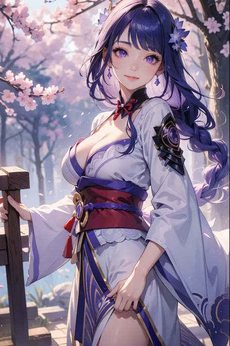 Japanese Shrines, (Highest quality，Realistic,masterpiece:1.2，8k wallpaper:1.2)，((Pale skin))，One Girl，women only，((Genshin Impact_Impact，General Raiden))，Lightning Particles，Purple Lightning，Light background，cherry blossoms，Purple Theme，Delicate facial fea...