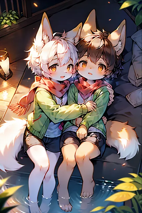 Sisters Hug ， Twin Toddler Sisters， Fox Girl ，furry girl，scarf， short sleeve with jacket， shorts