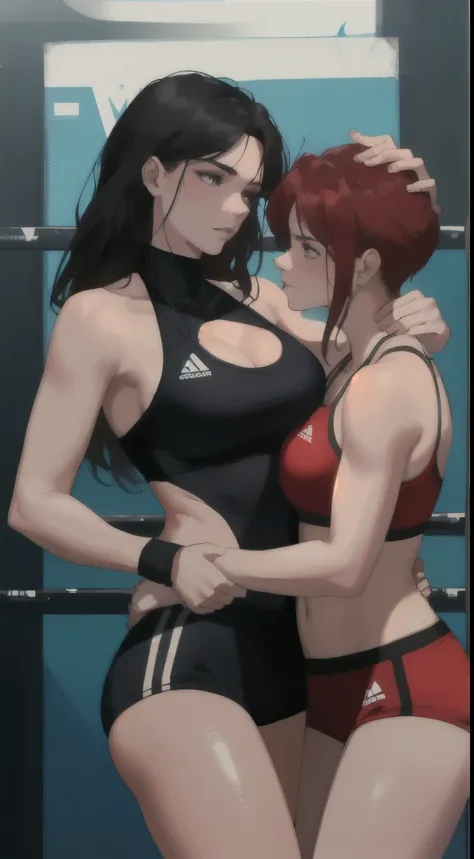 2 women hugging in an MMA CAGE, wearing sexy MMA clothes, on a hot summer day, sexy:1,5, yuri, lesbian, nsfw, lascivious:1,5, strong:1,2, perfect hands with 5 fingers, perfect arms, perfect anatomy, mma grapple