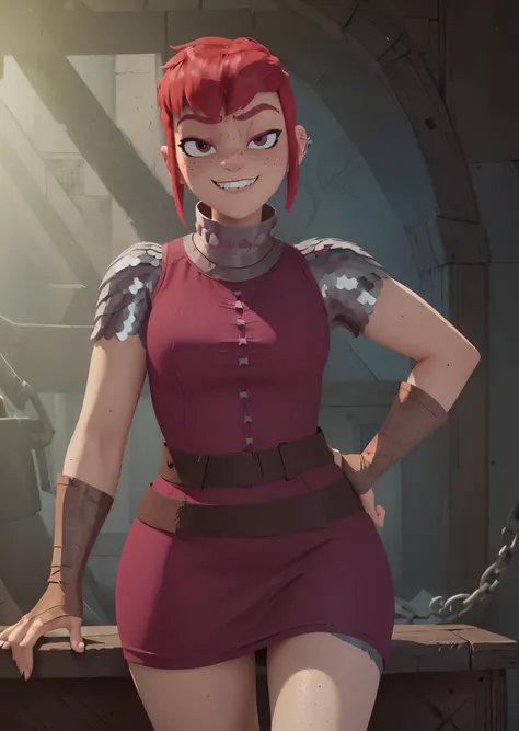 ((nfnimona,)), ((nimona neflix)), ((masterpiece)), ((high resolution)), ((3D rendering)), {(thicc figure), (freckles), (maroon eyes), (half lidded eyes), (long eyelashses), (pink eyeshadow), (short red hair), (raised brow), (smug toothy grin), (sharp white...