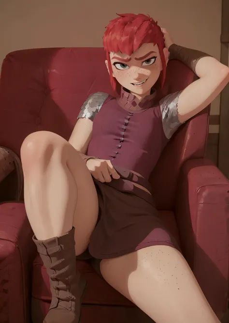 ((nfnimona,)), ((nimona neflix)), ((masterpiece)), ((high resolution)), ((realism)), {(thicc figure), (freckles), (maroon eyes), (half lidded eyes), (long eyelashses), (pink eyeshadow), (bushy red eyebrows), (short red hair), (smug grin), (sharp white teet...