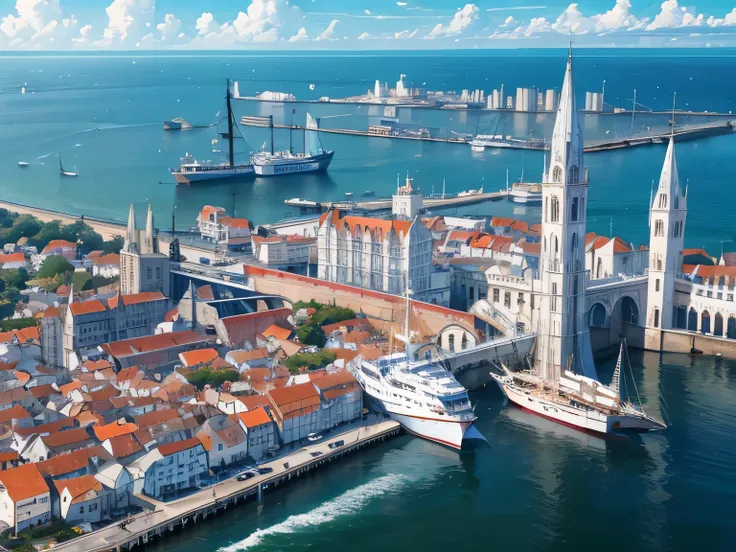 a port city with typical European buildings. With a dominant white color and a large pier with many ships.