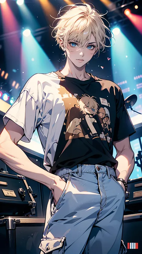 “A lively and outgoing young man with tousled blond hair and a wide grin. He’s wearing a casual band t-shirt and cargo pants, with a pair of drumsticks tucked into his back pocket. His expression is always full of energy and mischief, and he’s the kind of ...