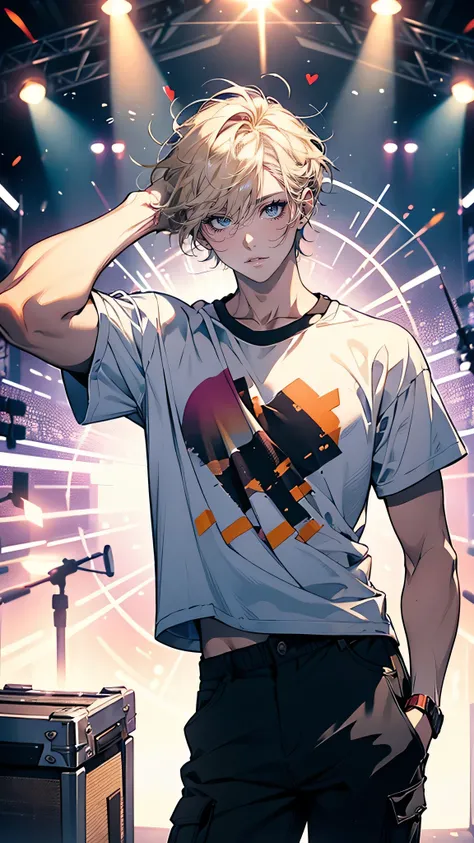 “A lively and outgoing young man with tousled blond hair and a wide grin. He’s wearing a casual band t-shirt and cargo pants, with a pair of drumsticks tucked into his back pocket. His expression is always full of energy and mischief, and he’s the kind of ...