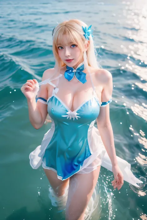 Arapei in a blue and white dress stood in the water, Anime girl walking on water, closeup fantasy with water magic, azur lane style, trending on cgstation, Anime girl cosplay, seraphine ahri kda, Splash art anime ****, trending at cgstation, realistic wate...