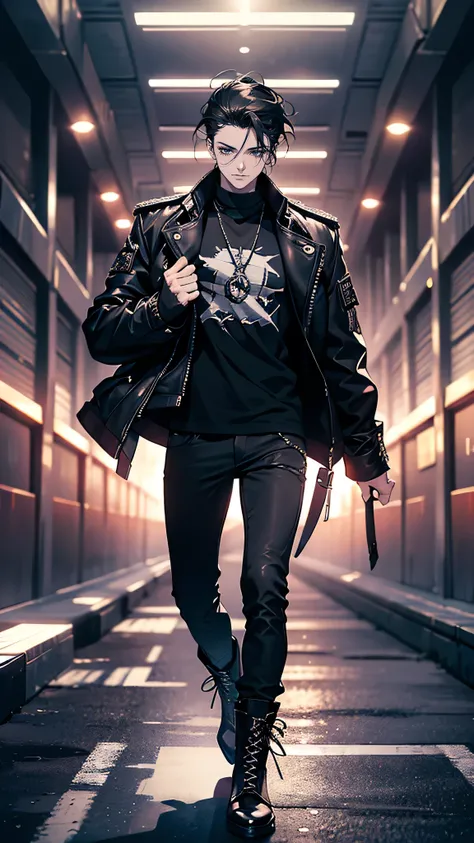 “A cocky, self-assured young man with slicked-back black hair and a piercing gaze. He’s dressed in dark, edgy clothing—a leather jacket with metal spikes, a band tee, and combat boots. His body language exudes confidence, bordering on arrogance, as if he’s...