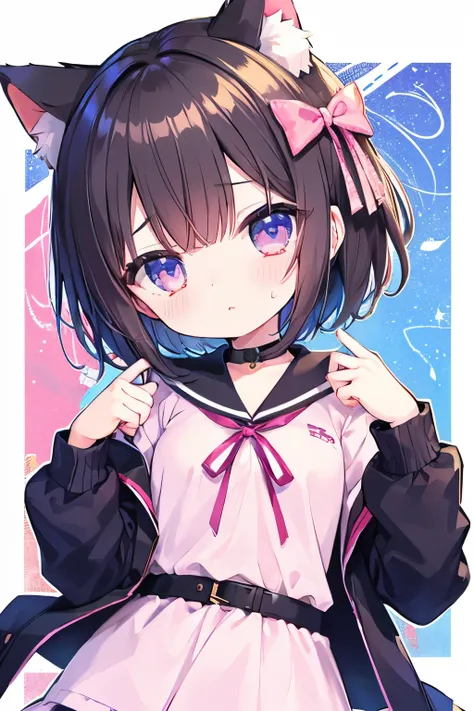    oversized jacket 、Pink no shortcut hair   、 Wearing a collar 、  elementary school girl、,首輪とリードをつけた  elementary school girl、So beautiful、輝く瞳 、輝く瞳、   1 girl、 small breasts、Cat ears   elementary school girl、So beautiful、輝く瞳 、輝く瞳、1 person、cat ears、((((( )))...
