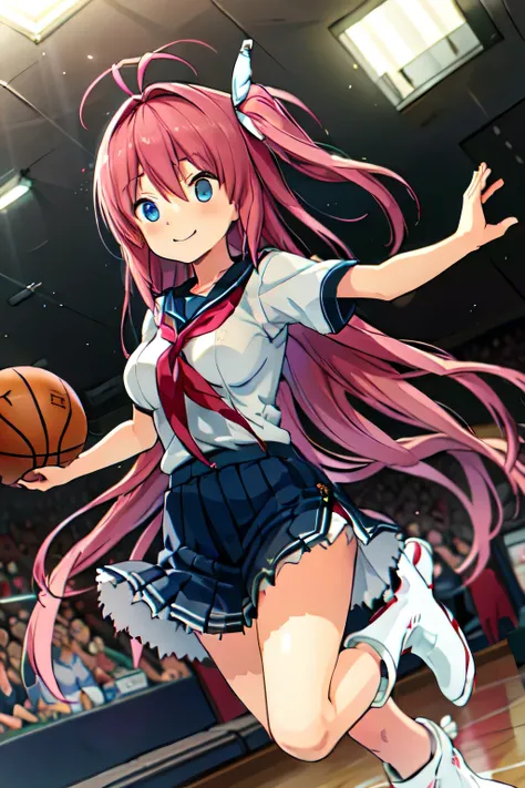 A young female basketball player performing a vivid jump shot. She holds the ball firmly in both hands, aiming for the goal with perfect form. Her slim basketball uniform accentuates her toned body, and black high socks add a stylish contrast. Her carefull...